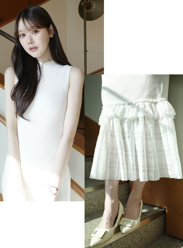 シアーチェック柄ドッキングノースリーブニットワンピース