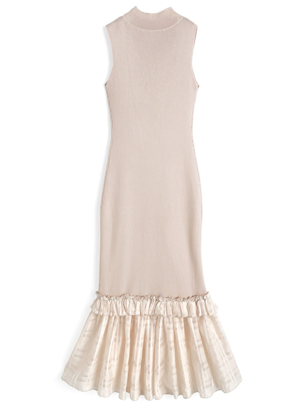 シアーチェック柄ドッキングノースリーブニットワンピース