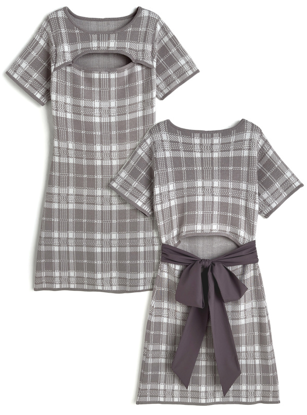 チェック柄フロントオープンバックリボンニットミニワンピース