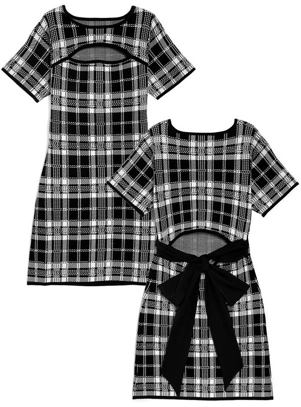 チェック柄フロントオープンバックリボンニットミニワンピース