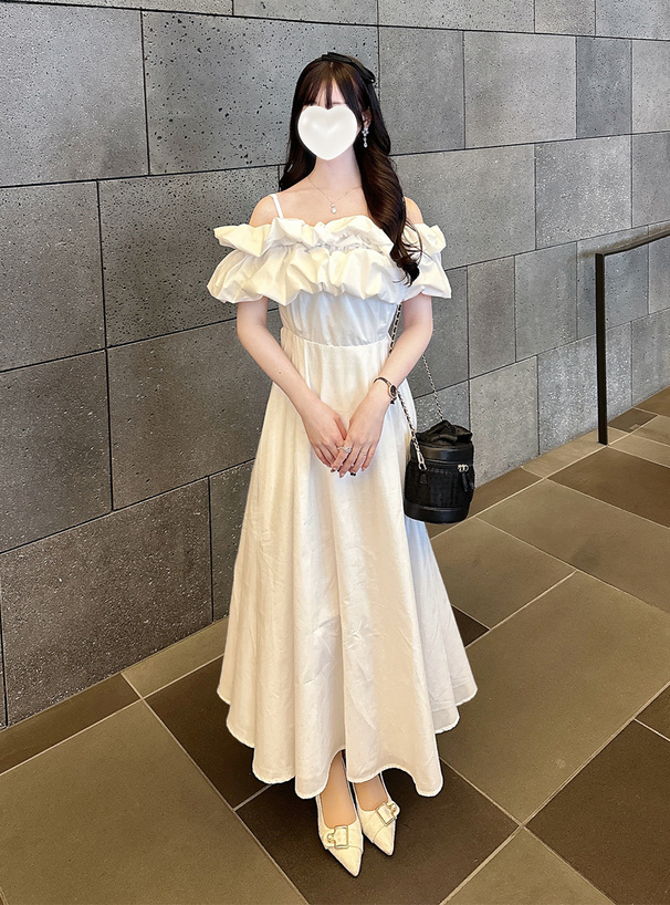 バルーンオフショルダーロングワンピース