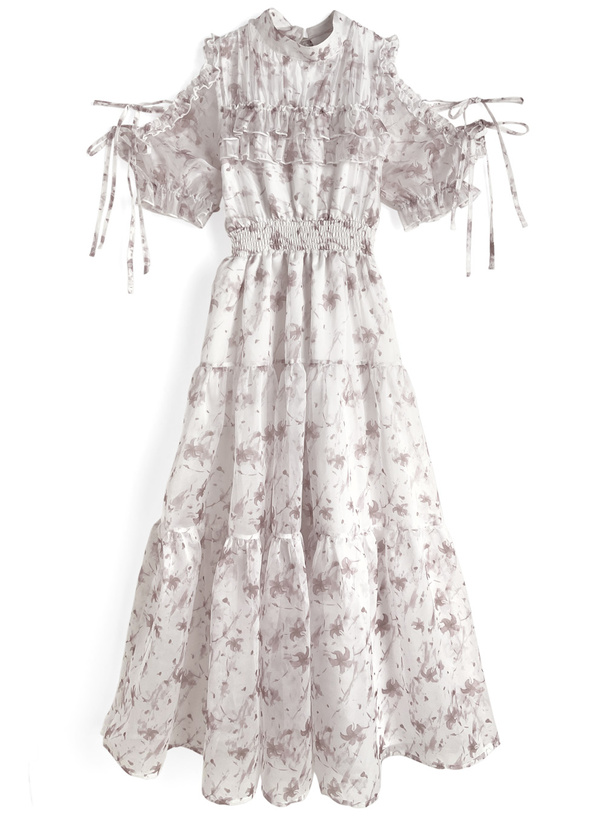花柄ショルダーオープンリボンシアーワンピース