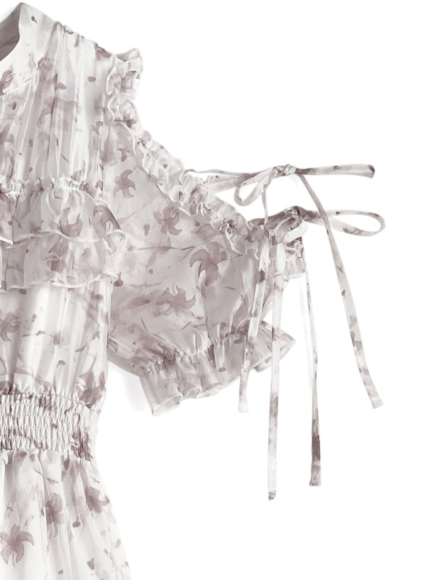 花柄ショルダーオープンリボンシアーワンピース