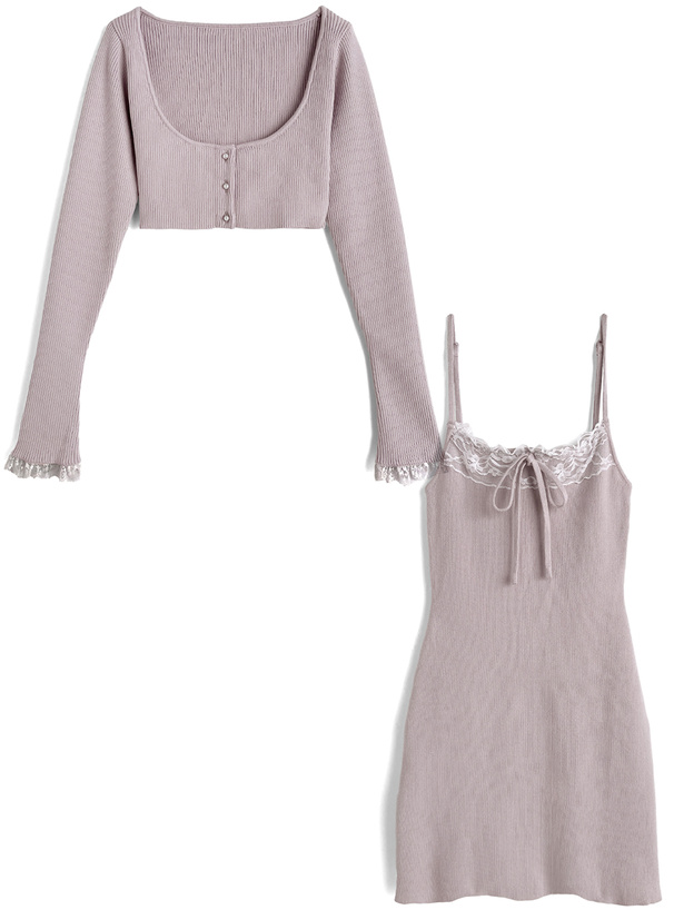 レースカーディガン×キャミソールミニワンピースアンサンブル