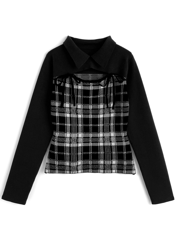 チェック柄フロントオープンリボンニットトップス[ru1614]