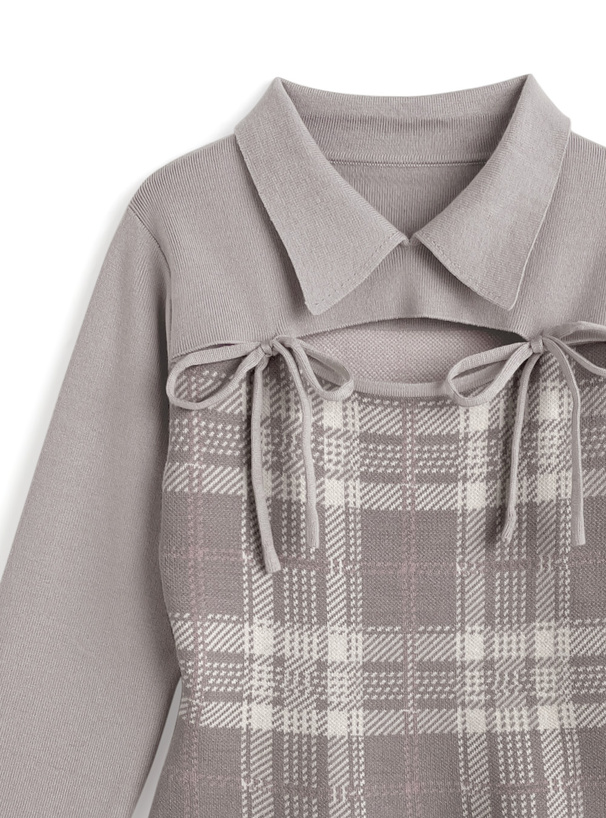 チェック柄フロントオープンリボンニットトップス[ru1614