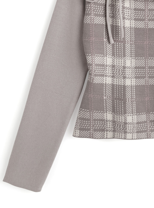 チェック柄フロントオープンリボンニットトップス[ru1614