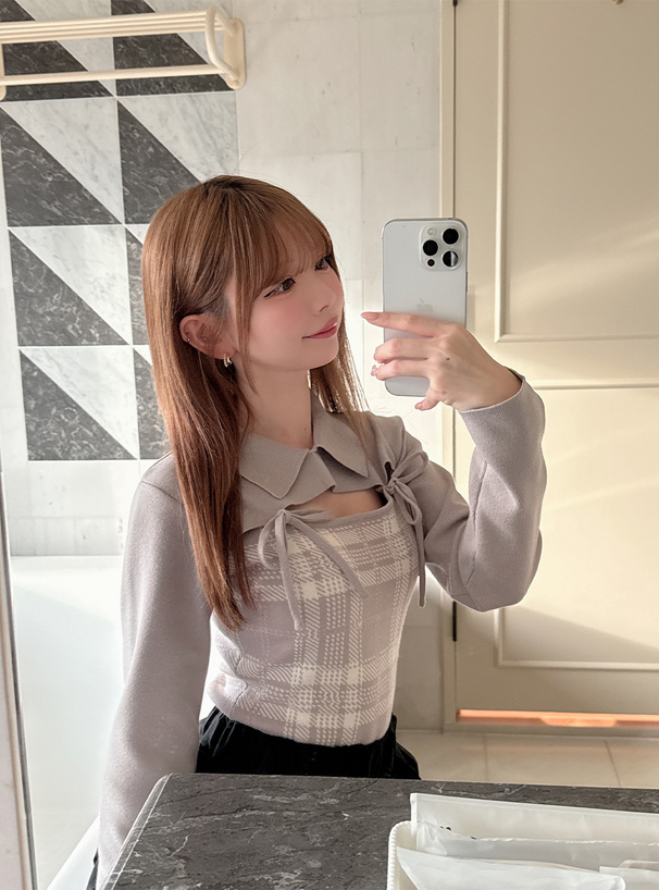 チェック柄フロントオープンリボンニットトップス[ru1614