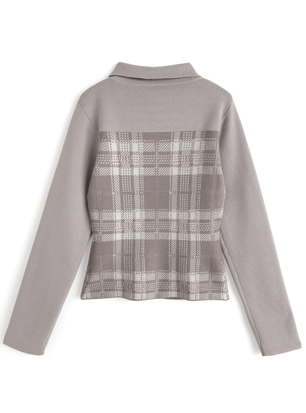 チェック柄フロントオープンリボンニットトップス[ru1614