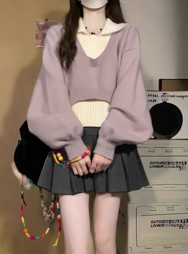 アメスリポロニットトップス×ショート丈ニットトップス×プリーツミニ