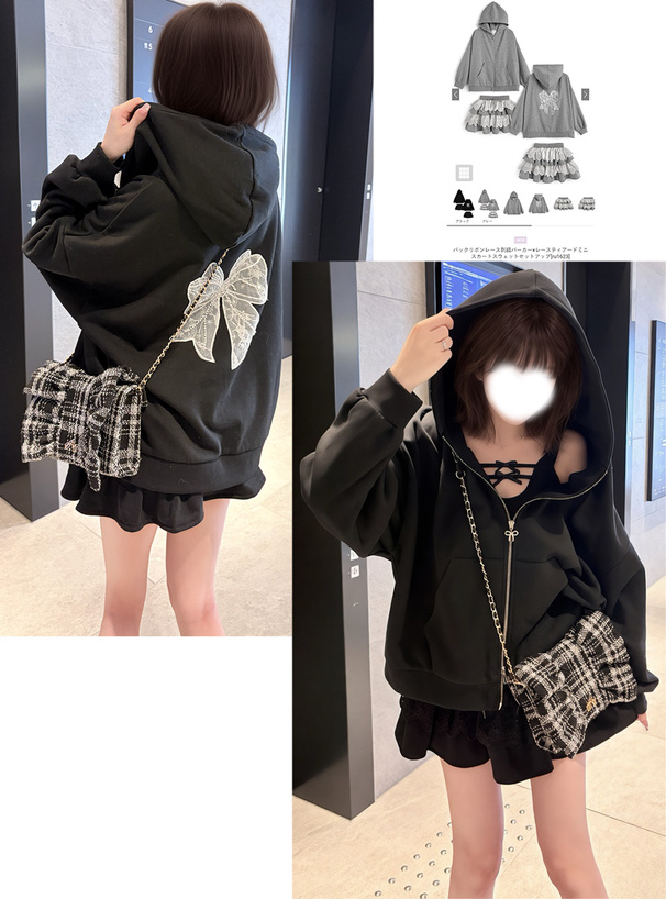 バックリボンレース刺繍パーカー×レースティアードミニスカートスウェットセットアップ