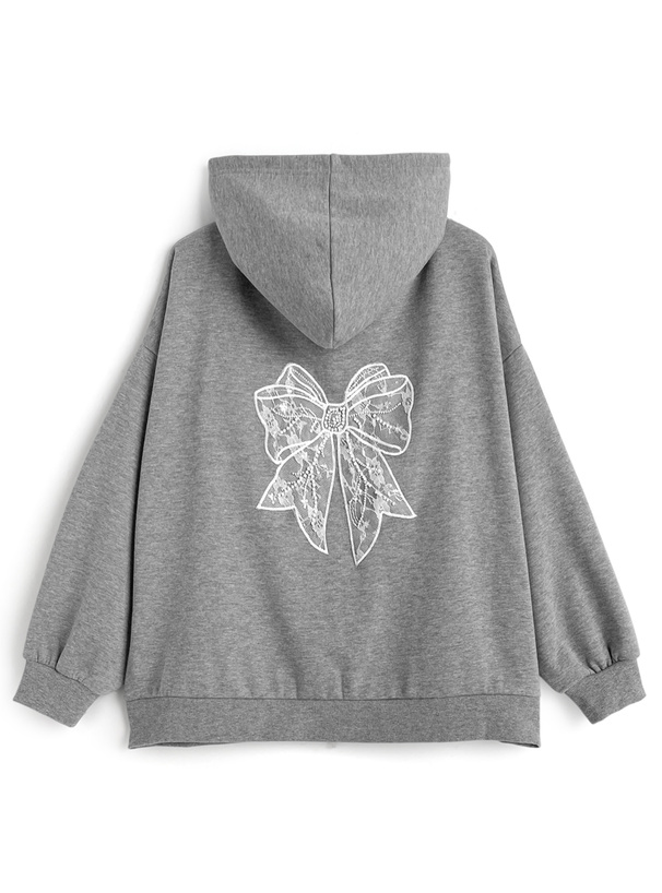 バックリボンレース刺繍パーカー×レースティアードミニスカートスウェットセットアップ