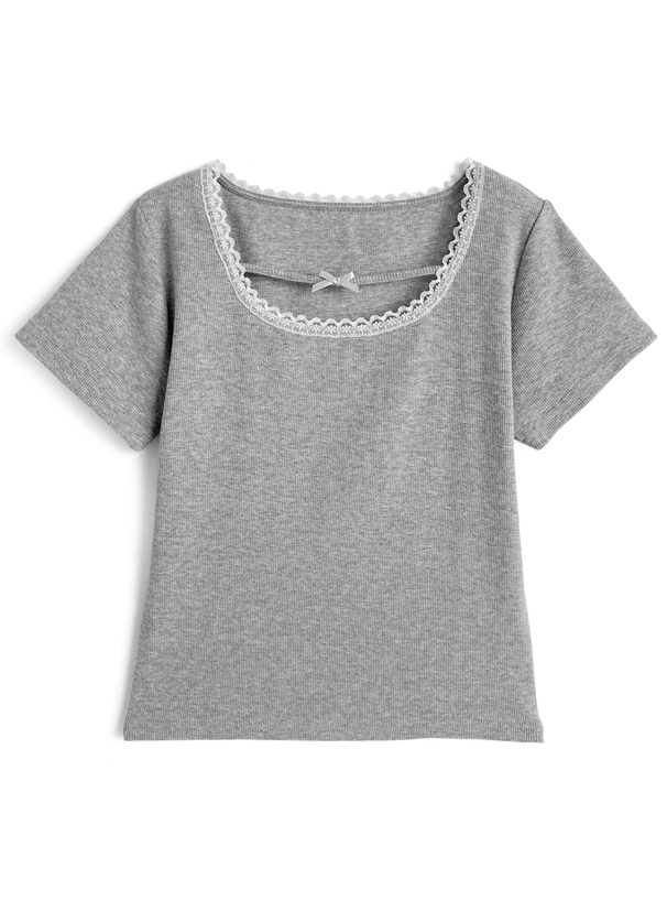 リボンレースリブトップス