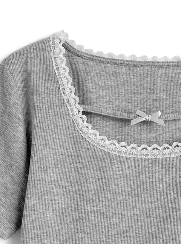 リボンレースリブトップス