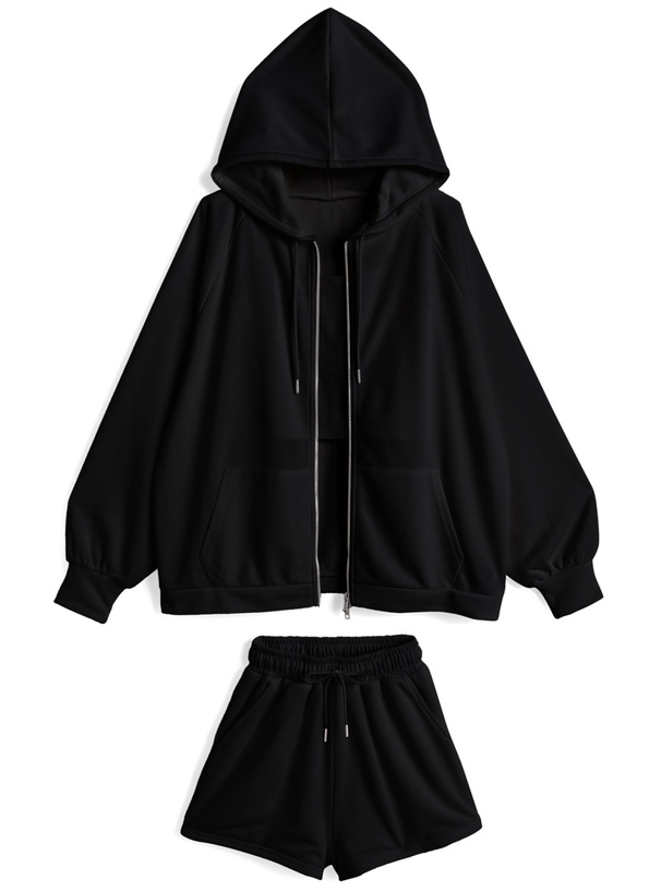 キャミソール×ダブルジップパーカー×ショートパンツスウェットセットアップ