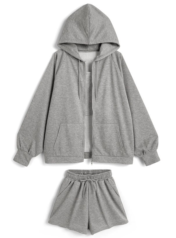 キャミソール×ダブルジップパーカー×ショートパンツスウェットセットアップ