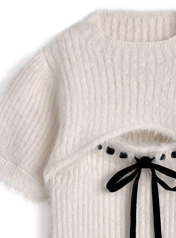 ショート丈トップス×リボンキャミソールシャギーニットアンサンブル