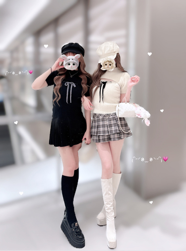 ショート丈トップス×リボンキャミソールシャギーニットアンサンブル