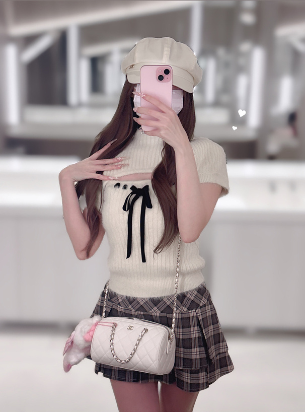 ショート丈トップス×リボンキャミソールシャギーニットアンサンブル