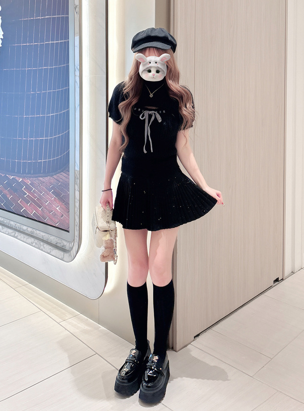 ショート丈トップス×リボンキャミソールシャギーニットアンサンブル