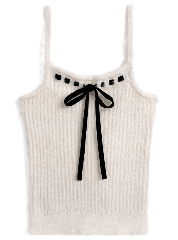 ショート丈トップス×リボンキャミソールシャギーニットアンサンブル