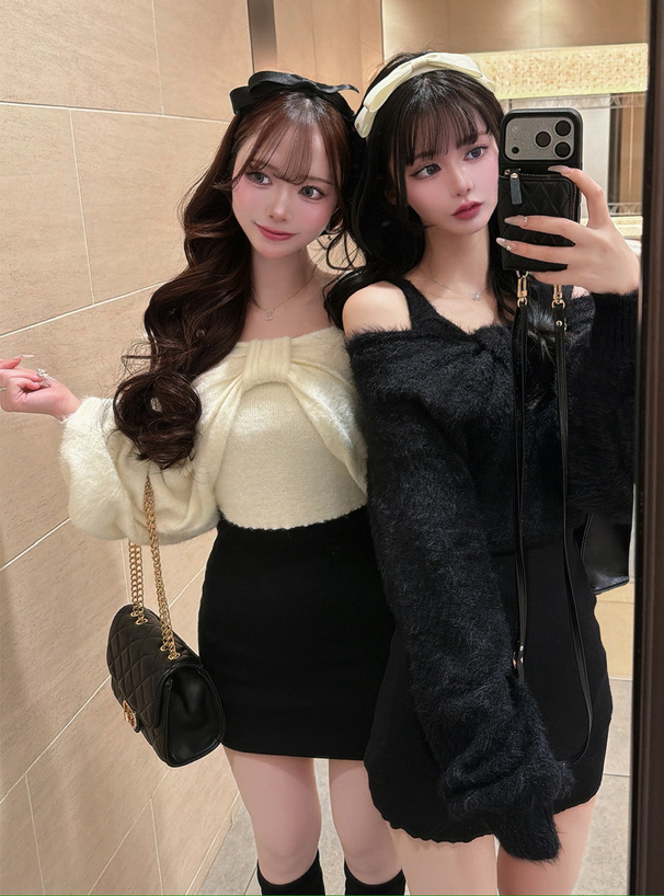 シャギーリボンボレロ×切替ミニワンピースニットアンサンブル