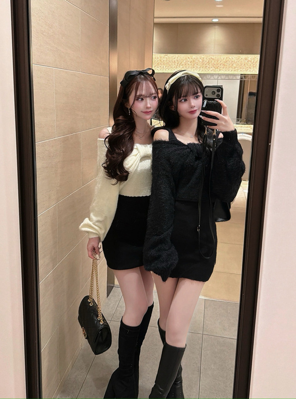 シャギーリボンボレロ×切替ミニワンピースニットアンサンブル