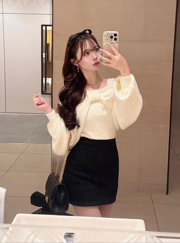 シャギーリボンボレロ×切替ミニワンピースニットアンサンブル