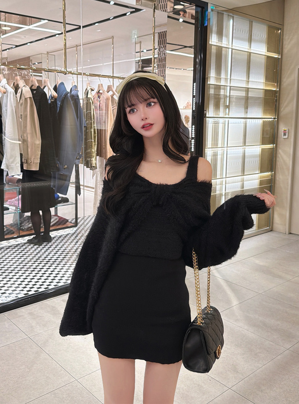 シャギーリボンボレロ×切替ミニワンピースニットアンサンブル