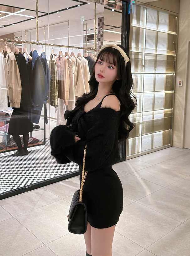 シャギーリボンボレロ×切替ミニワンピースニットアンサンブル