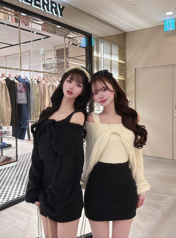 シャギーリボンボレロ×切替ミニワンピースニットアンサンブル