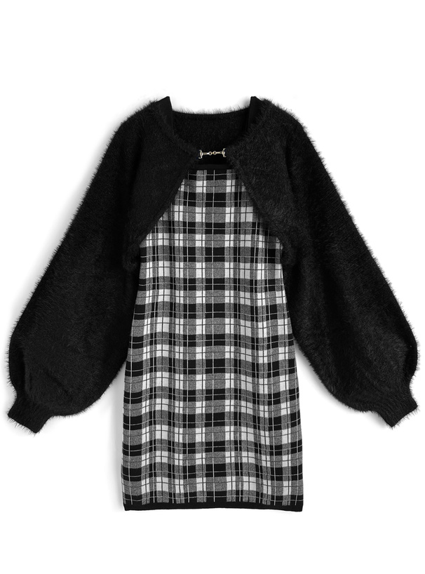 シャギーボレロ×チェック柄ワンピースニットアンサンブル[ru1636]