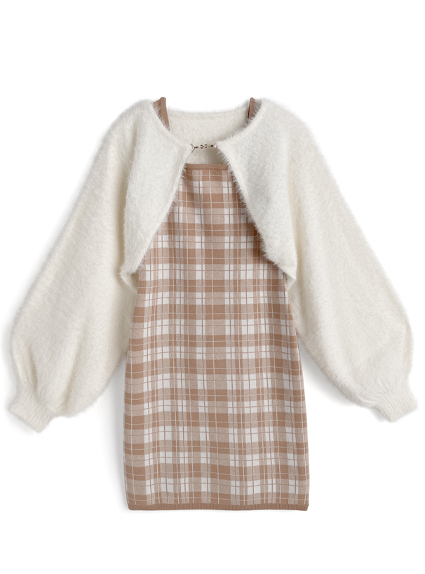 シャギーボレロ×チェック柄ワンピースニットアンサンブル