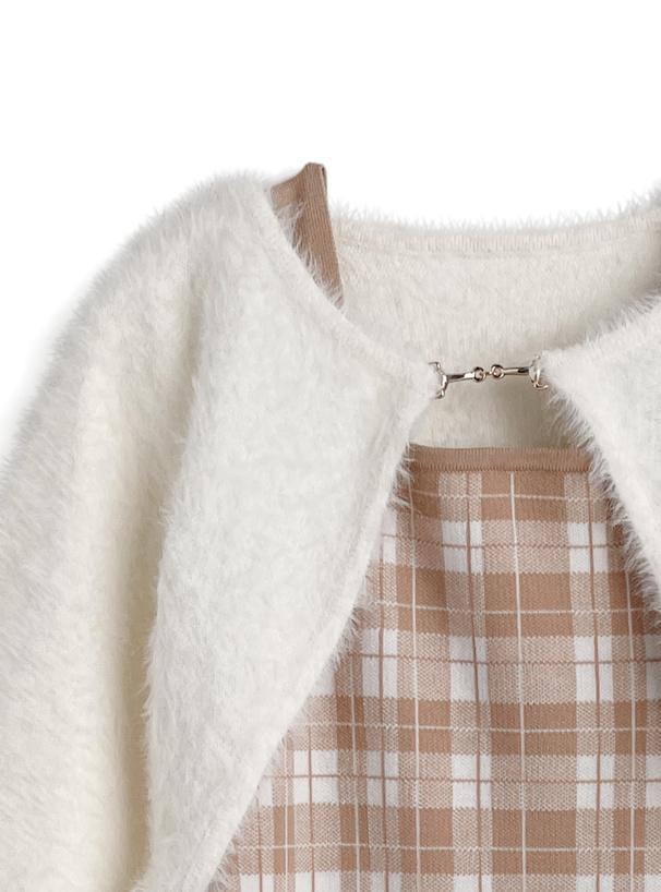 シャギーボレロ×チェック柄ワンピースニットアンサンブル