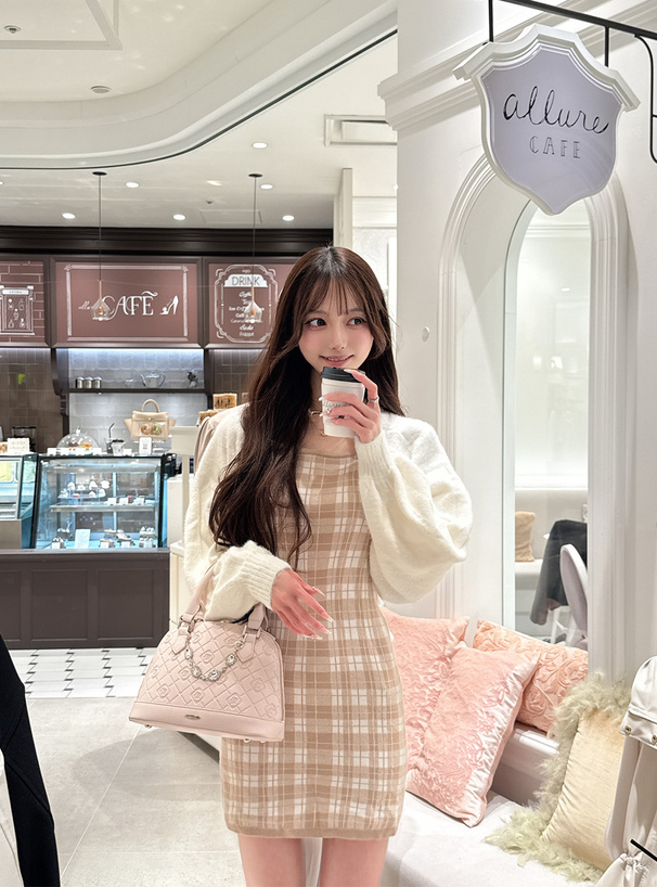 シャギーボレロ×チェック柄ワンピースニットアンサンブル