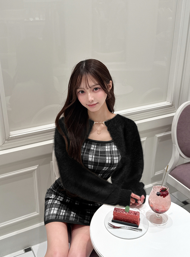 シャギーボレロ×チェック柄ワンピースニットアンサンブル