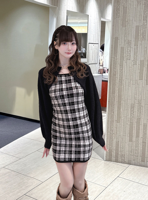 シャギーボレロ×チェック柄ワンピースニットアンサンブル