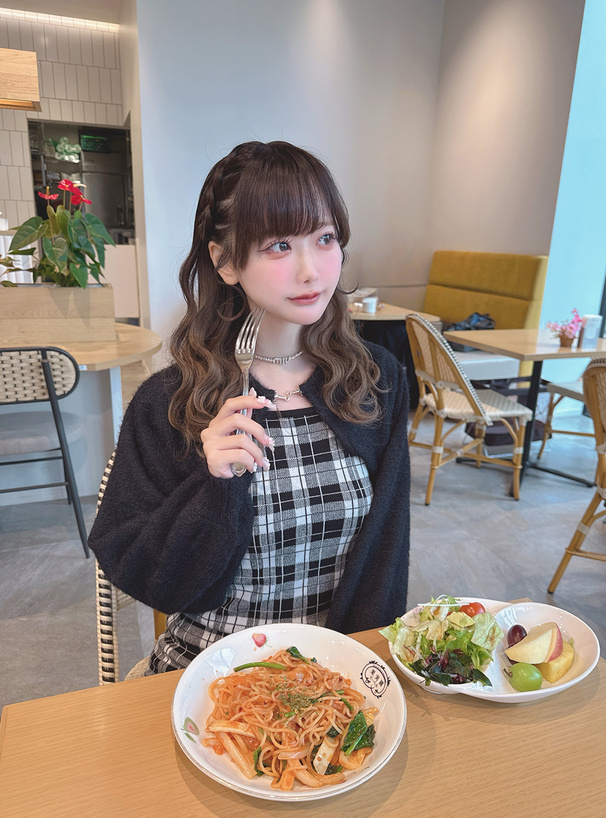 シャギーボレロ×チェック柄ワンピースニットアンサンブル