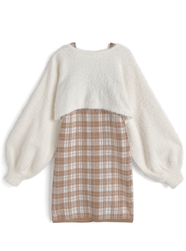 シャギーボレロ×チェック柄ワンピースニットアンサンブル