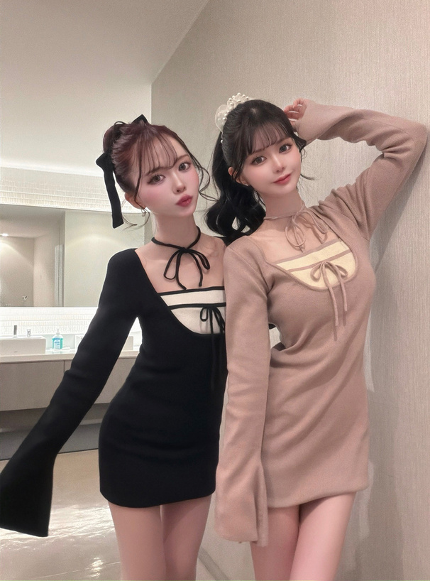 レイヤード風リボンニットミニワンピース