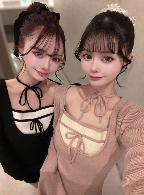 レイヤード風リボンニットミニワンピース