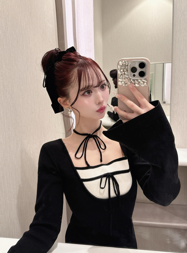 レイヤード風リボンニットミニワンピース