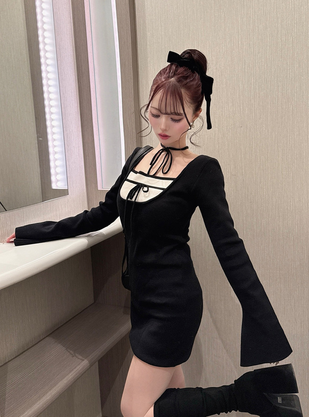 レイヤード風リボンニットミニワンピース