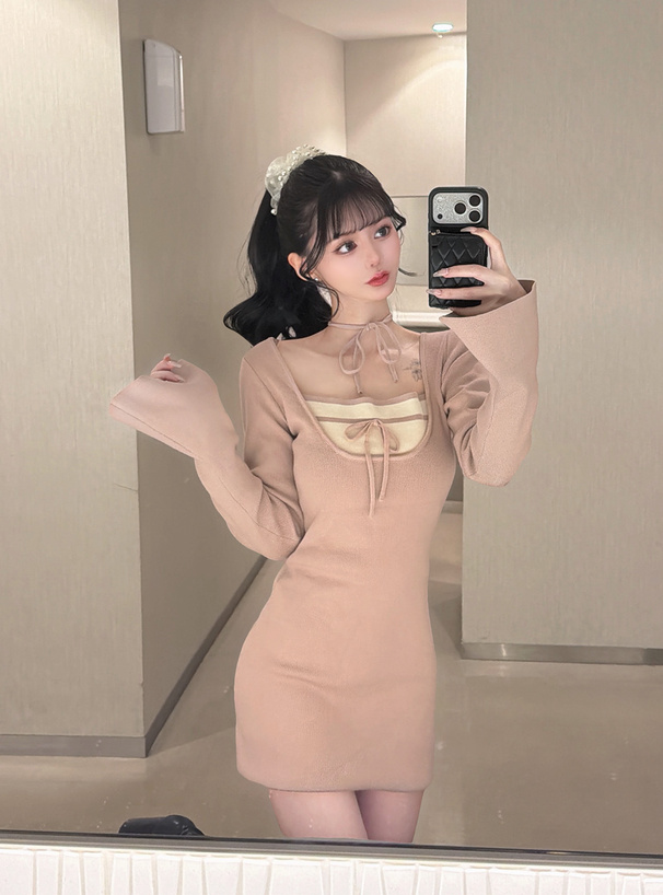 レイヤード風リボンニットミニワンピース