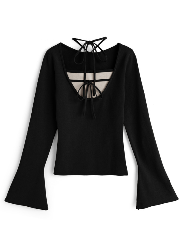 レイヤード風リボンニットトップス