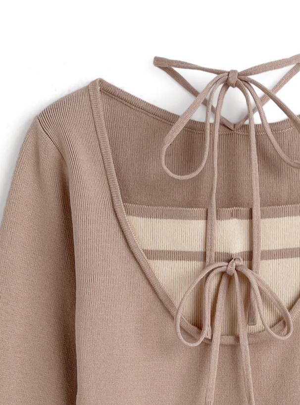 レイヤード風リボンニットトップス