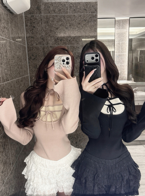 レイヤード風リボンニットトップス