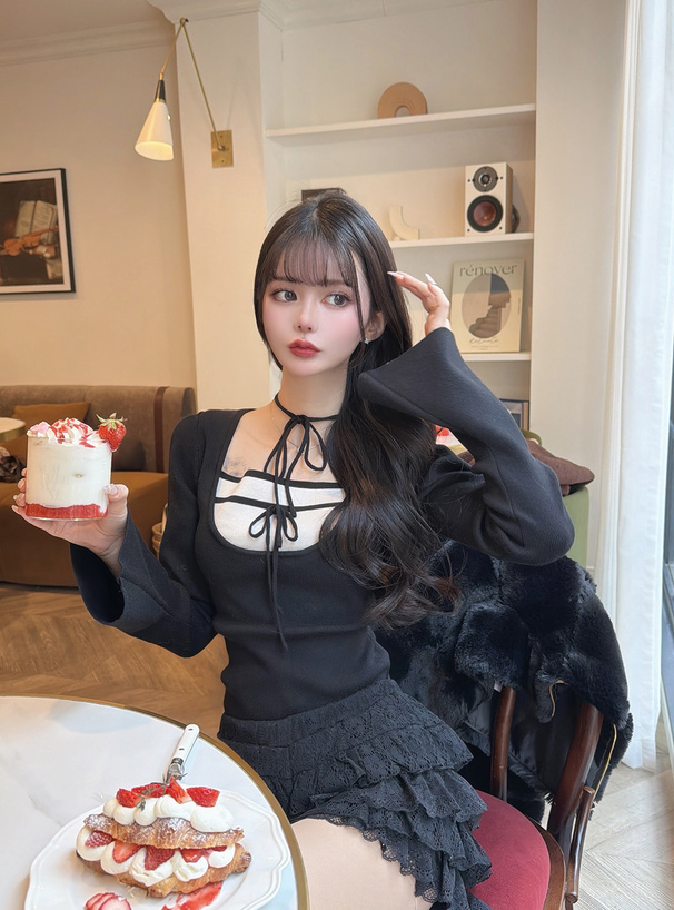 レイヤード風リボンニットトップス