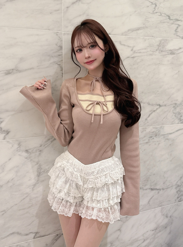 レイヤード風リボンニットトップス