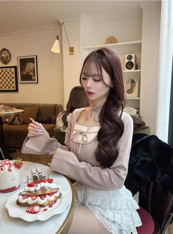 レイヤード風リボンニットトップス